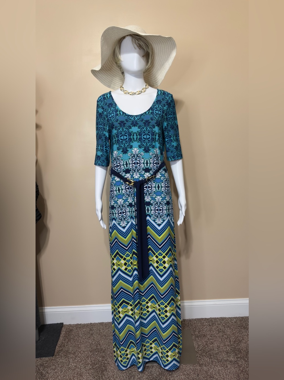 Teal & Navy Printed Maxi Dress with Belt